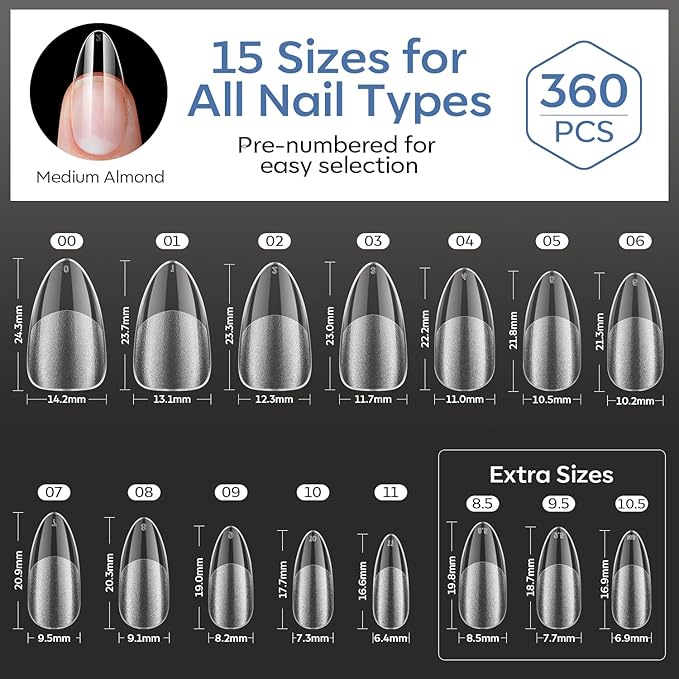 modelones Medium Almond Gel Nail Tips, 360pcs Pre-etched Clear Fake Nails Press On Full Cover Half Matte 15 Sizes Acrylic Gel Tips for Extension Salon