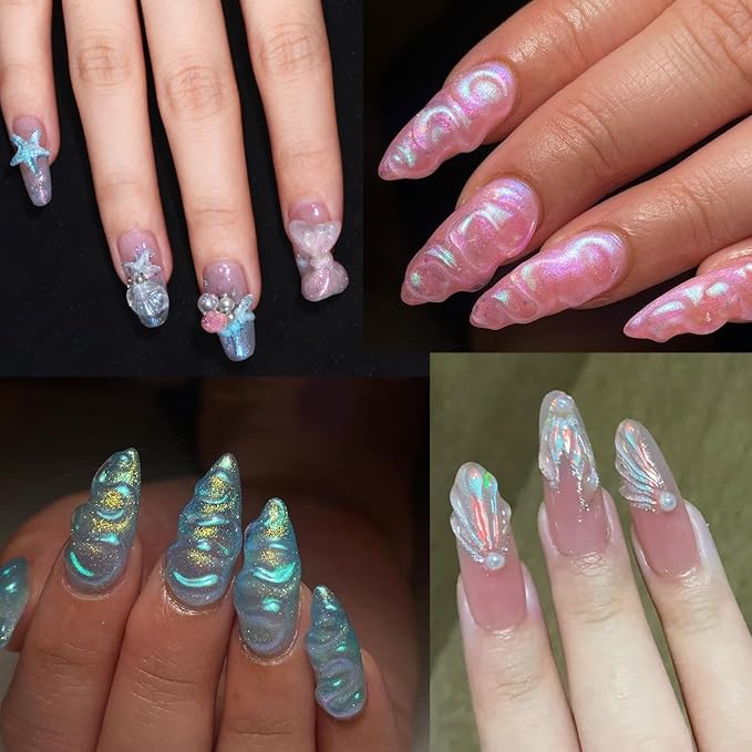 3D Sculpting Gel for Nail Art, 6 Iridescent Aurora Glitter Colors, Non-Sticky Solid Builder Hard Gel for 3D Nail Designs, with Silicone Carving Pen, Seashell Mold, Rhinestones & Pearls