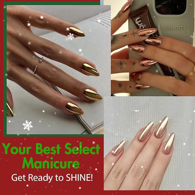 6 Pack Chrome Press On Nails Almond, KQueenest Acrylic Press On Nails Medium Stiletto, Glitter Metallic Fake Nails Press Ons Design, Cute Glazed Glue On Nails for Women Gift 144 Pcs