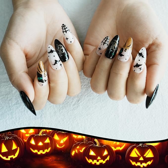 10pcs Almond Press on Nails - Halloween White Black False Nails with 3D Bat, Pumpkin & Cobweb Designs, Reusable Acrylic Press on Nails for Women (Spooky Vibes,S)