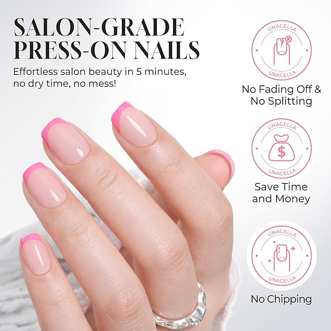 UNA GELLA 32Pcs Soft Gel Press on Nails - 16 Sizes Hot Pink French Tip Short Square Glue on Nails, Reusable Nude Pink False Nails, Full Cover Acrylic Nail Kit for Women DIY Home Manicure