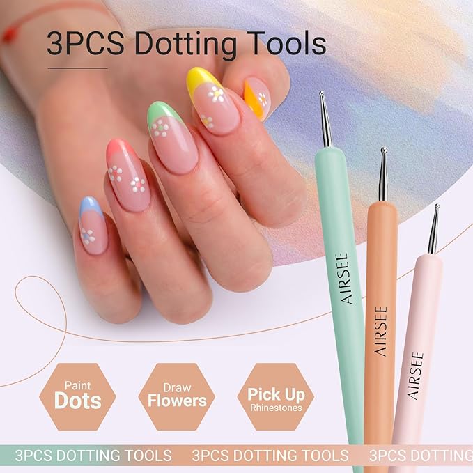 AIRSEE Gel Polish Nail Art Brushes set, 7PCS Nail Art Design Tools with Nail Liner Carved French Dotting Pen Clean Up Brush, DIY Manicure Tools Gift for Women