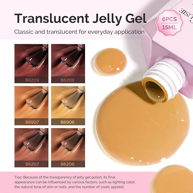 MelodySusie Jelly Gel Nail Polish Set,6 Transparent Colors,Milky or Jelly Texture,Warm Harvest Colors Soak Off UV LED Light Cure or Salon Manicure and Nail Art DIY at Home 15ML 0.3Fl Oz
