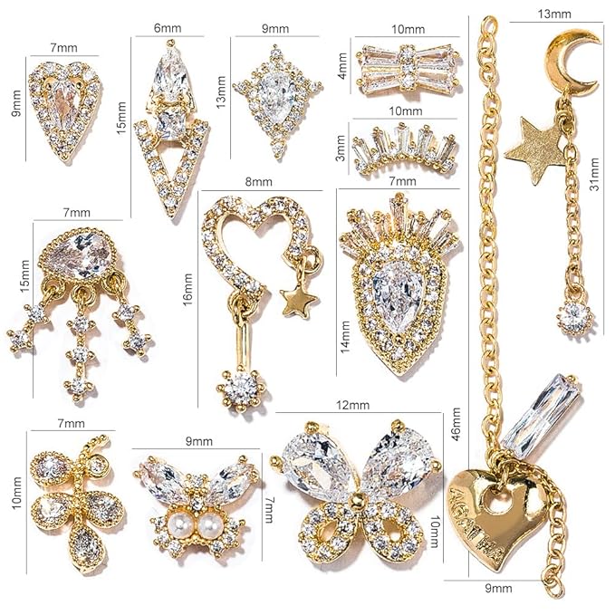 HNUIX Nail Charms and Gems - Gold Copper Zircon, Multiple Shapes Dangle, Metal Jewelry Rhinestones for Nails 22Pieces