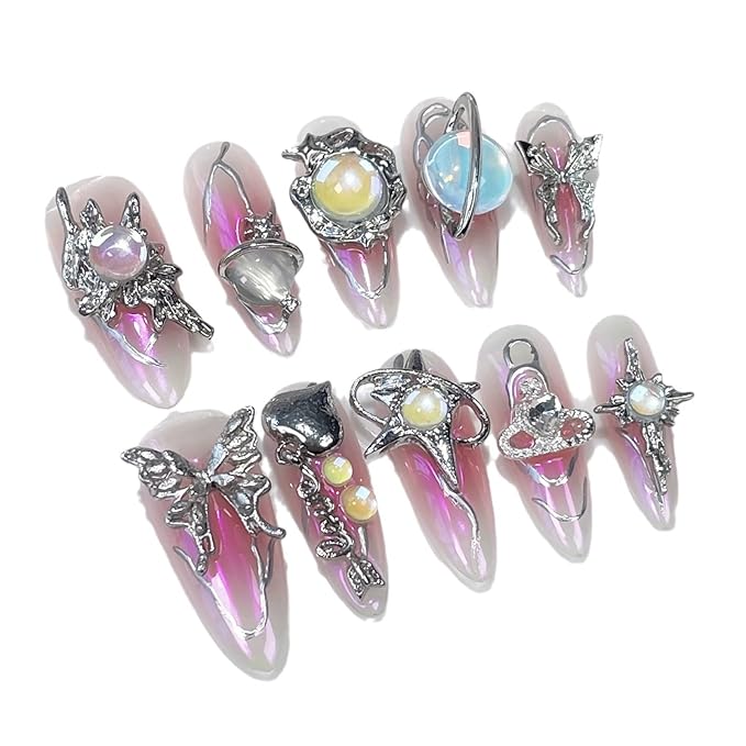 Handmade Press on Nails Long Luxury Reusable Almond Fake Nails with Metallic Butterfly Design 3D Luxury Pink Ombre Acrylic Nails Press Ons Y2k False Nails for Women DIY 10Pcs(Size M)