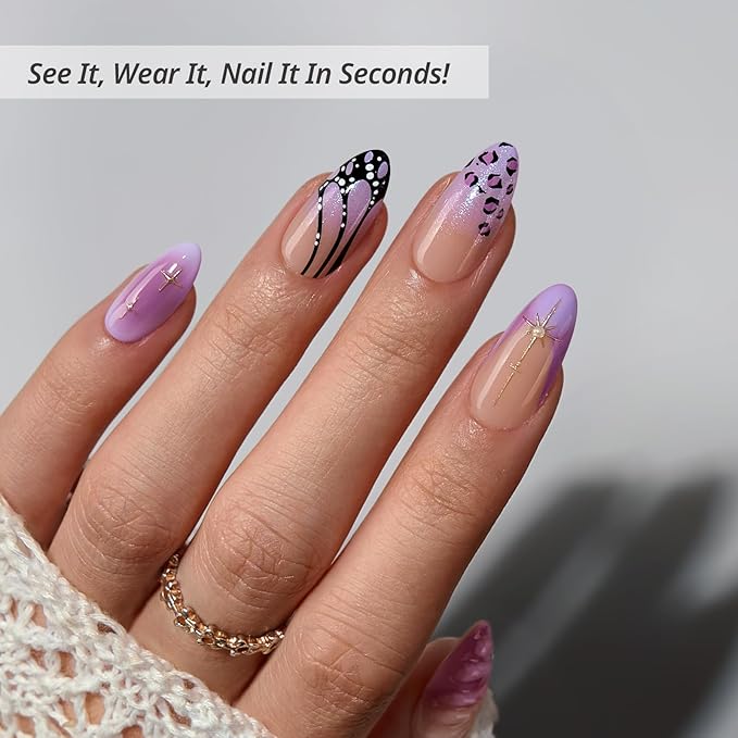 BTArtbox Press On Nails Medium - 3D Purple Butterfly French Tip Almond Press On Nails with Glue for Women, Opaque Soft Gel Glue On Nails in 15 Sizes - 30 Stick On Nails Kit, Flutter Besties