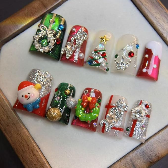 10 Pcs Handmade Press On Nails Medium Duck False Nails 3D Garland with Cute Rhinestone Decor Star Christmas Tree Design New Styles for Autumn Winter Easy to Apply Remove Reusable Glue on Nail(M)