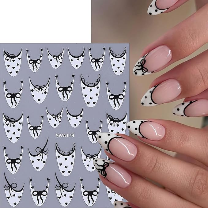 6 Sheets French Tip Nail Sticker for Nails Art Valentines Nail Art Stickers Black White Red French Tip Bow Designs 3D Self-Adhesive Cute Nail Decals for Women Manicure Decorations Supplies