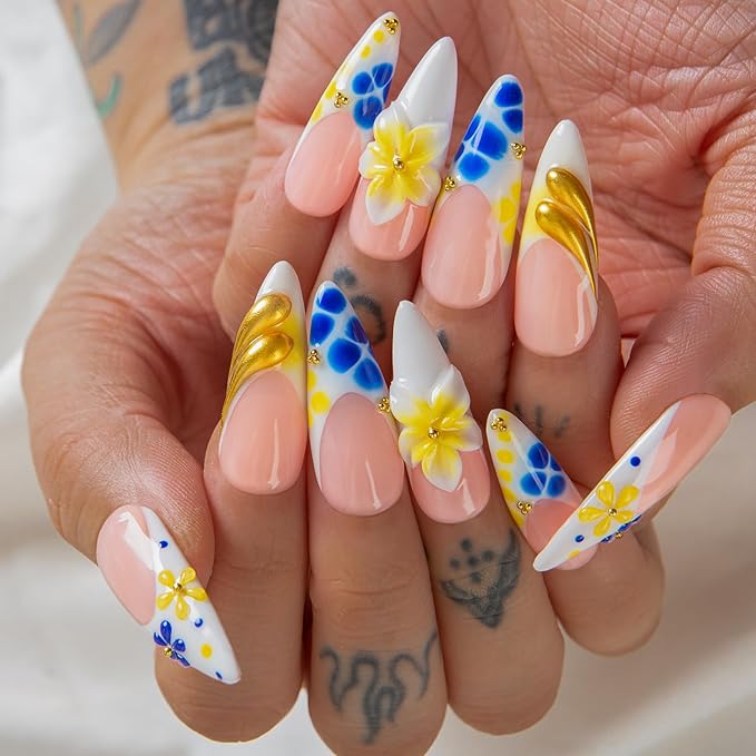 LOVFUL Short French Tip Press on Nails Morning Dew | Handmade Acrylic Press ons| Reusable Fake False Nails | Stiletto Classic Regular 1.3in | H696-S