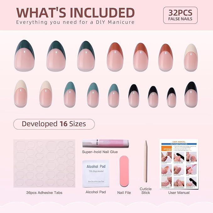 French Tip Press On Nails - Almond Short Fake Nails With Glue, 16 Sizes, 32Pcs Reusable Soft Gel False Tips Kit, Glue On Short Artificial Nail (Multicolor Tip)