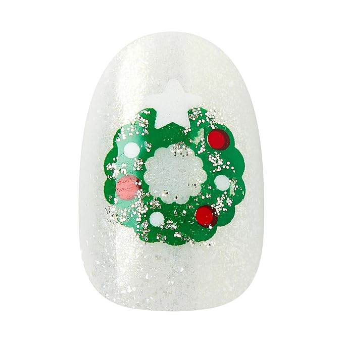KISS Voguish Fantasy Holiday Press On Nails, ‘Sugar & Spice’, White, Short Oval, No Damage To Natural Nails, Pink Gel Nail Glue (2g), Mini Nail File, Manicure Stick, & 28 Fake Nails