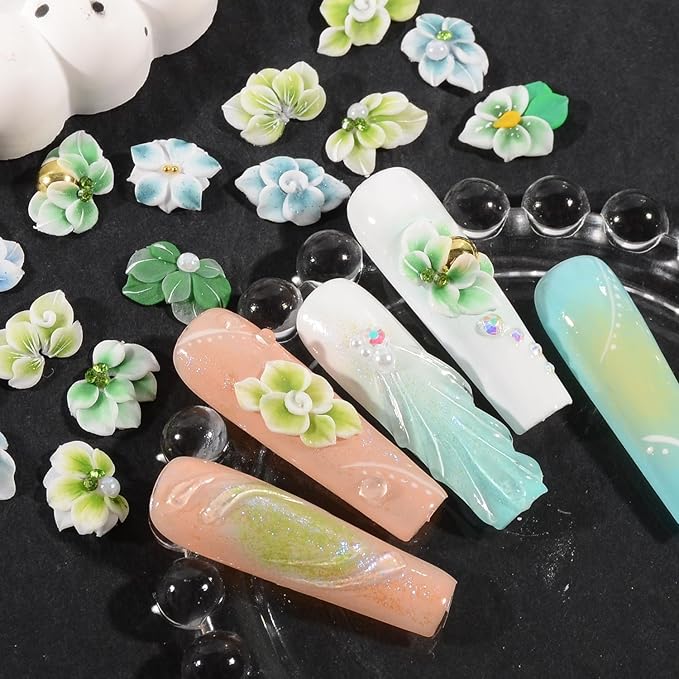 30PCS 3D Handmade Flower Nail Art Charms Advanced Handcrafted Cherry Blossom Flower Colorful Sculpted Floral Nails with Rhinestone Caviar Beads Design for Women Profession Nail Art Craft Jewelry