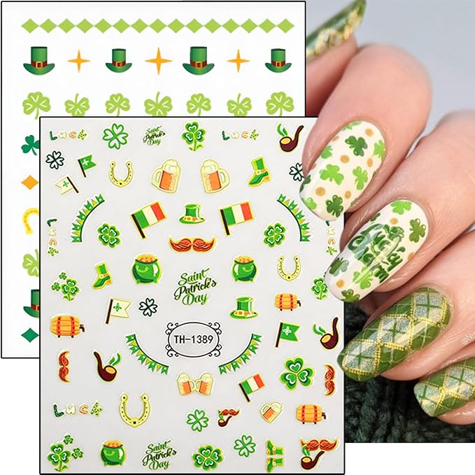 6Sheets St. Patrick's Day Nail Stickers 3D Rainbow Coin Hat Four Leaf Clover Design Spring Nail Decals Lucky Green Shamrock Nail Art Stickers for Women DIY Irish St. Patrick's Day Nail Supplies Decor