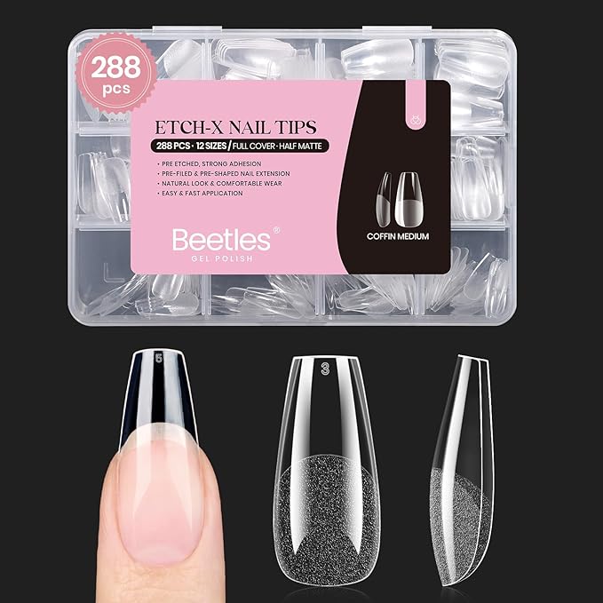 Beetles Gel Nail Tips 288 Pcs Medium Coffin Etch X Nail Tips 12 Sizes Half Matte Press On Nails Full Cover False Nails for Nail Extensions Friendly for Beginner Women