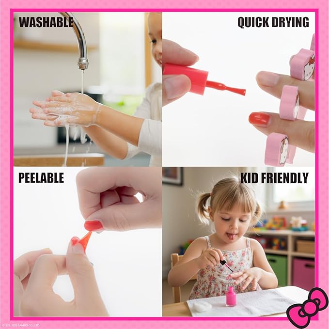 Hello Kitty Water-Based Nail Polish Set, Peel-Off Set with Glittery & Opaque Colors and Nail Accessories for Girls Kids, Perfect for Dress Up, Parties & Makeovers Ages 3+ by Townley Girl