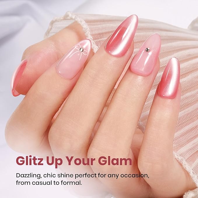 Beetles Rosy Shimmer Pink Cat Eye Gel Nail Polish - 15ML Glass Pink Glitter Cat Eye Spring Gel Polish Magnetic Shimmer Effect Soak Off UV Nail Art Design Salon DIY Manicure Gift for Women