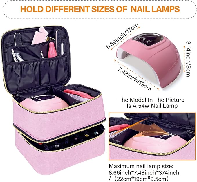 Nail Polish Organizer, Handheld Double Layer Organizer Holds 30 Bottles (15 ml/0.5 floz) with Adjustable Dividers for Nail Polish Small Manicure Lamp Manicure Tools Essential and Travel,Pink Gold