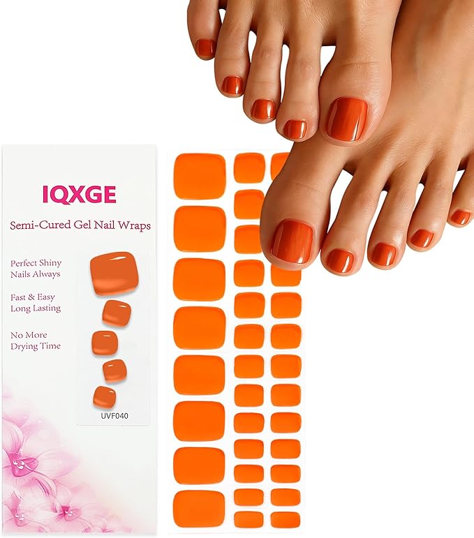34 Pcs Semi Cured Gel Toe Nail Strips Orange Gel Nail Stickers Full Cover Orange Nails Wraps Self Adhesive Toe Nails Polish Strips Stickers for Women UV/LED Light Required