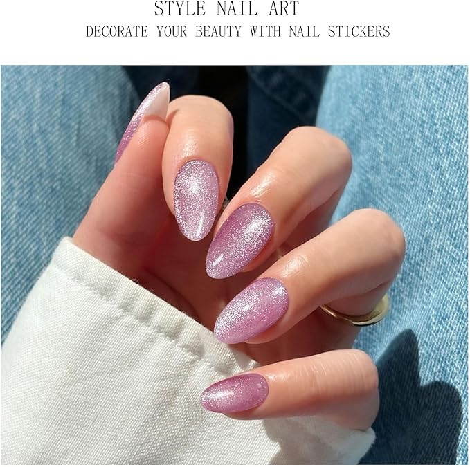 JMEOWIO Gel Nail Stickers Pink Cat Eye Semi Cured Gel Nail Strips Wraps UV/LED Nails Art Design Decoration Accessories