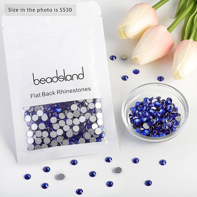 Beadsland 576pcs Flat Back Crystal Rhinestones Round Gems for Nail Art and Craft Glue Fix, Sapphire, SS30,6.3-6.5mm
