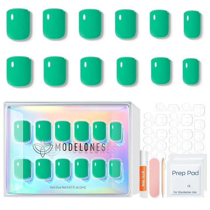 Modelones Extra Short Press on Nails, Vivid Green Squoval Fake Nails, Reusable Nail Kit with Nail Glue Adhesive Tabs Mini Nail File, Nails Press Ons 32Pcs 16 Sizes, Spring Women Girl Gift