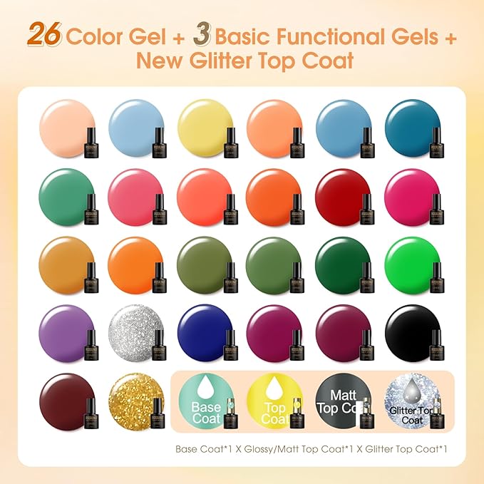 ROSALIND Fall Gel Nail Polish Set - 26 Colors Yellow Orange Burgundy Red Brown Black Green Gel Polish Set with Glossy Matte Glitter Gel Top Base Coat Soak Off Gift for Women