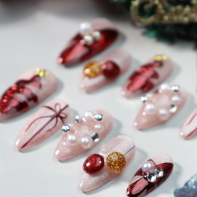 Christmas Press on Nails Bow Fake Nails Hand-Painted Nail Xmas Tree Glue on Nails with Pearl Design Handmade Nail Press ons Glitter Full Cover Almond Stick on Nail for Women Shiny Manicure (M)