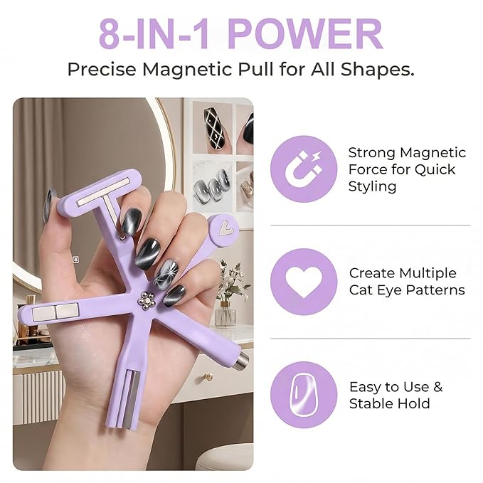 8 in 1 Cat Eye Magnet, Nail Magnets for Cat Eye Gel Polish, Cat Eye Tools for Nails with Steel Ball, Multifunctional Nail Magnet for Nail Salon Home DIY (Purple)
