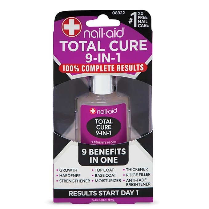 Nail-Aid Total Cure 9 in 1 Nail Treatment - Strengthen, Smooth, & Brighten Brittle Nails - Clear, 0.55 Fl Oz