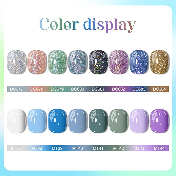 MTSSII Glitter Gel Nail Polish 18 Pcs Blue Purple Green White Gel Nail Polish with Base Gel Set Pink Blue Black Reflection Glitter Polish Kit for DIY Nail Art Women Gifts
