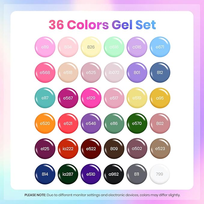 Beetles Gel Nail Polish Set - 36 Colors Year in Shades Gel Polish Kit Pink Yellow Blue Green Nail Gel with Blooming Gel, Base & Top Coat, Nail Tools UV Led Home Salon Manicure Set Gift for Women