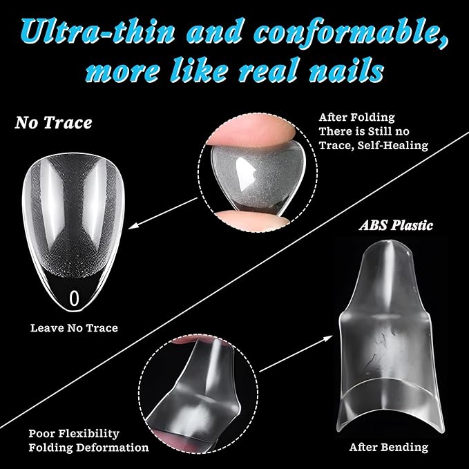 LoveOurHome 600pc Almond Fake Nails - Soft Gel Clear Press-on Short Acrylic Extension Tips, XS Stiletto Full Cover False Artificial Fingernail Tips