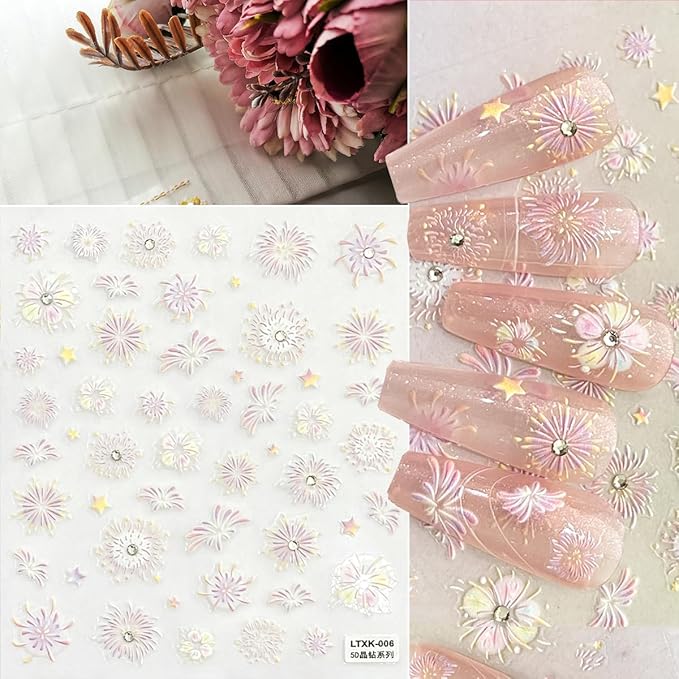 Zoance Nail Art Stickers Luxury Rhinestones Pearls 5D Embossed Customized Nail Decals, Self-Adhesive Flowers Butterflies Design Nail Stickers for Women Girls Salon Home DIY Nail Decoration Accessories
