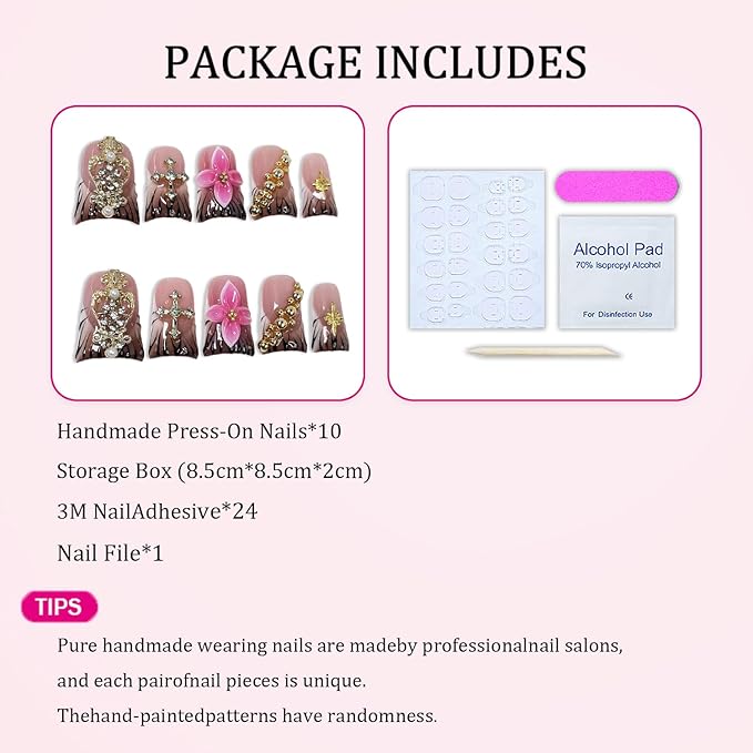 Flower Handmade Press on Nails Short Duck Fake Nails 3D Pink Luxury Floral & Golden Rhinestone Designs Thick Brown Gradient French Tip False Nail Art Full Cover Acrylic Stick on Nails for Women（S)