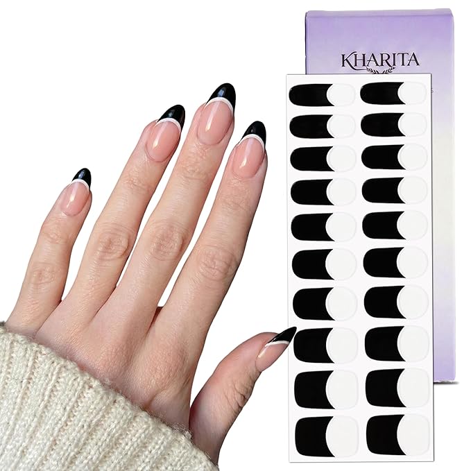 Semi Cured Gel Nail Strips – Real Gel Nail Polish Wraps for Brittle Nails | Long Lasting Easy Peel-Off Removal | Hema-Free | 20-Piece French Tip Black Clear Base Salon Kit with File & Stick