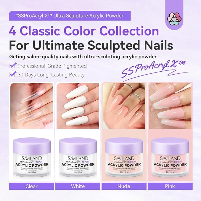 SAVILAND Acrylic Powder: 4PCS 1oz 30g Clear White Nudes Pink Colored Keratin Acrylic Nail Powder Set Professional Nail Powder for Extension 3D Carving