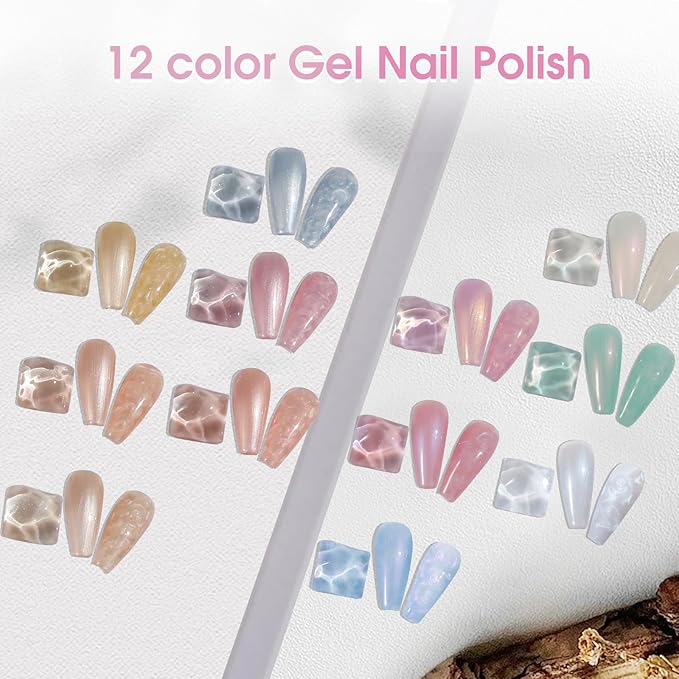 ROSALIND Pearl Gel Nail Polish - 12 Colors Pastel Pink Yellow Blue White Gel Polish Set with Dotting Pen Shell Swirl Thread Effect Soak Off UV Set Shimmer Nail Art Collection Valentine Gifts for Women