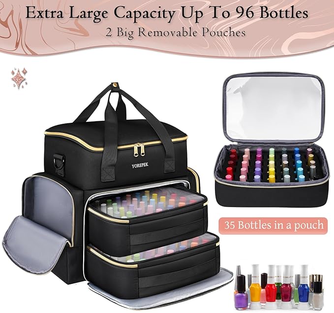 YOREPEK Extra Large Nail Polish Organizer Case Holds 70 to 100+ Bottles (15ml/0.5 fl.oz) UV lamp, Gel Polish Travel Case Bag with 2 Removable Pouches Fits Nail Suppiles, Gifts for Manicurist, Girls