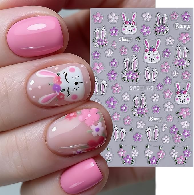 2 Sheets Easter Nail Stickers for Nail Art Cartoon Rabbit Nail Art Stickers Embossed Spring Flower Nail Decals 3D Self-Adhesive Rabbit Ears Flowers Easter Bunny Nail Design Decals for Women