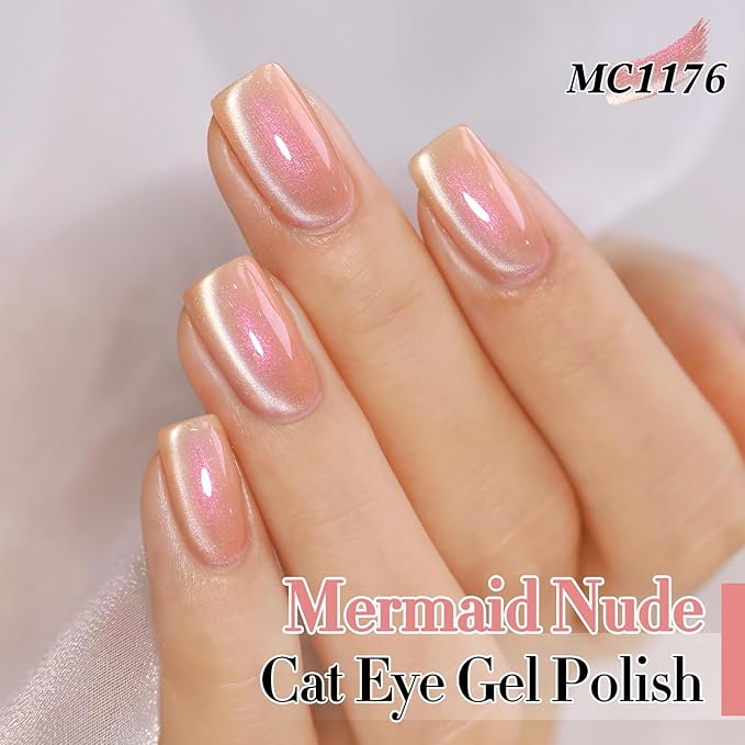 Double Rhythm 0.5 Oz Cat Eye Gel Polish with Magnet Same Color Same Bottle Holographic Glitter Shimmer Translucent Color Salon 15 ML Magnetic Nail Art (Mermaid Nude-MC1176)