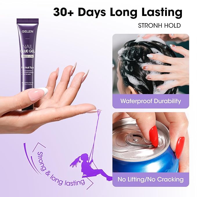 Gellen Nail Glue and Remover Kit, UV Gel Nail Glue for Press Ons, 2 Pcs Non Acetone Gel Nail Glue Removers, Long Lasting Semi Solid Nail Glue Gel, Gentle Gel Glue Off for Beginner DIY at Home