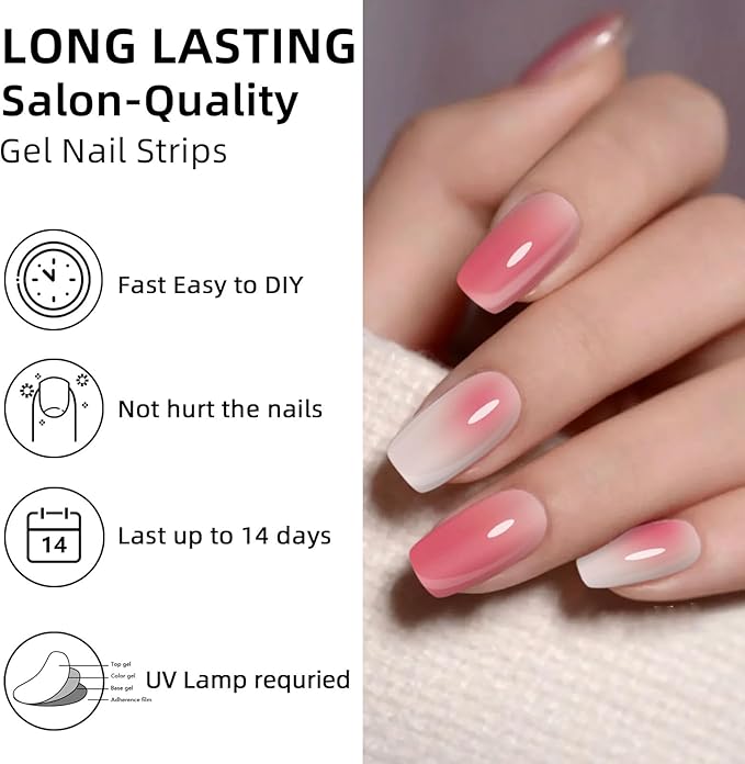Semi Cured Gel Nail Strips,28 pcs Gel Nail Stickers/Wraps(Red Gradient),Long Lasting Polish Stickers UV Cure,Works with Any UV Lamp,Easy to Apply