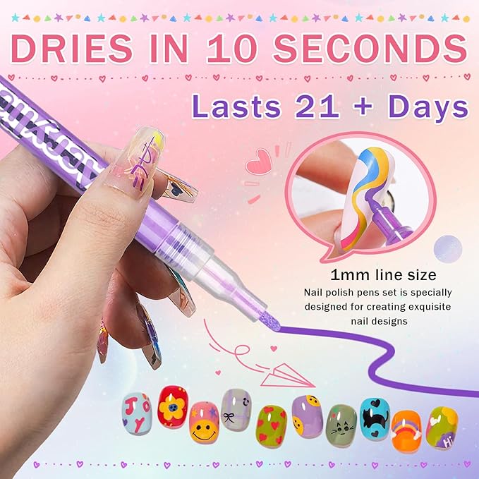 18 Colors Nail Art Pens Set, Nail Polish Pens for Nail Art Quick Drying 3D Acrylic Paint Markers for Painting Dotting Liner Pen Nail Salon DIY Design Kit
