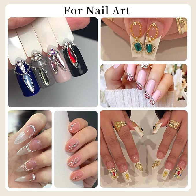 3D Mini Small Metal Stainless Steel Caviar Nail Beads Balls, 0.8-3mm Gold Silver Alloy Nail Art Chain Charms Studs with Tweezers and Dual-end Brush (4-K1-metal-beads-rhinestones)