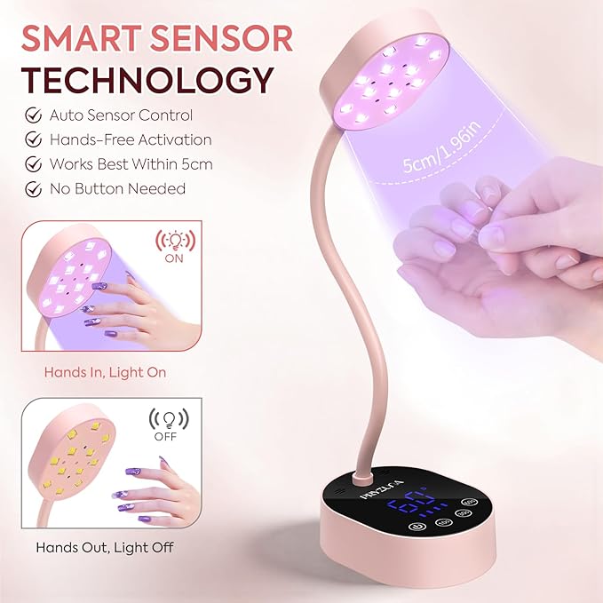 UV LED Nail Lamp, Gooseneck Gel X Mini Flash Cure Lamp, 36W Cordless Portable USB Rechargeable Nail Dryer with Auto Sensor, 4 Timers & LCD Display for DIY Home Manicure (Pink)
