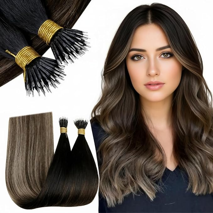RUNATURE Nano Beads Hair Extensions Real Human Hair Brown Ombre Blonde Fusion Nano Ring Hair Extension 20 Inch 50g