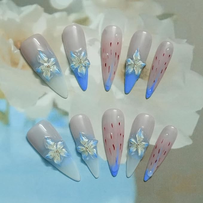 3D Floral Press On Nails Long Stiletto Fake Nails – Elegant Handmade Ombre Nail Art with Lilies Flowers Designs, Multi-Layer Gel Reusable Acrylic Nails for Women (3D Lily Ombre, S)