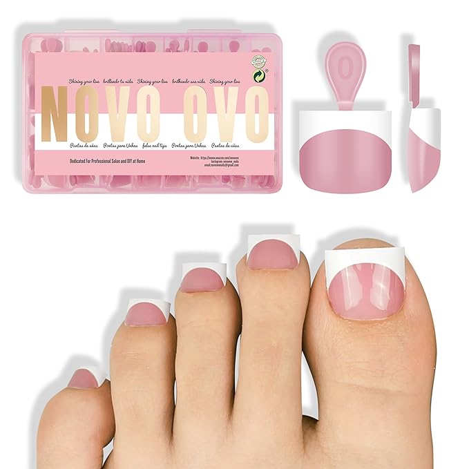 NOVO OVO Extra Short Toe Nail Tips White French Tip BERRY PINK Sharp Square Press On, Soft Gel False Fake Toenail Extension Kit, Need Apply Top Coat Buider Gel Nail Glue, Salon DIY x 16 Sizes 224 Pcs
