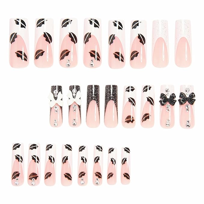 MISUD Press on Nails - Long Square Fake Nails with Black White French Tip, Acrylic Lip Rhinestone Design 24 pcs
