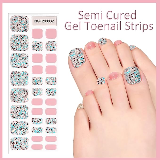 WOKOTO Semi Cured Gel Nail Strips For Toenails, 16 Size 32 Tips Pink & Iridescent Glitter design Toe Nail Polish Strips With Nail File & Wooden Stick, Works With Lamps, Salon-Quality, Long Lasting